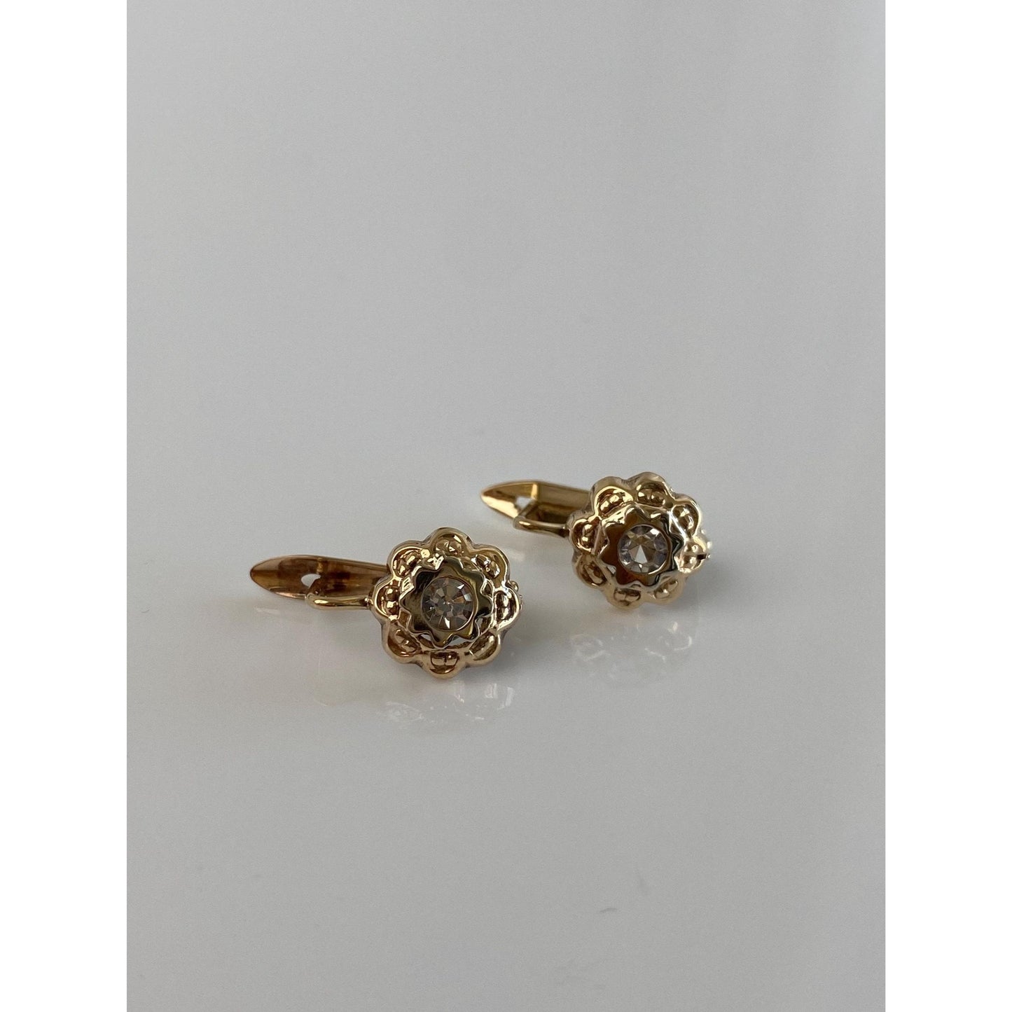 Solid 14k White & Yellow Gold Clear Cubic Zirconia Flower Drop Earrings
