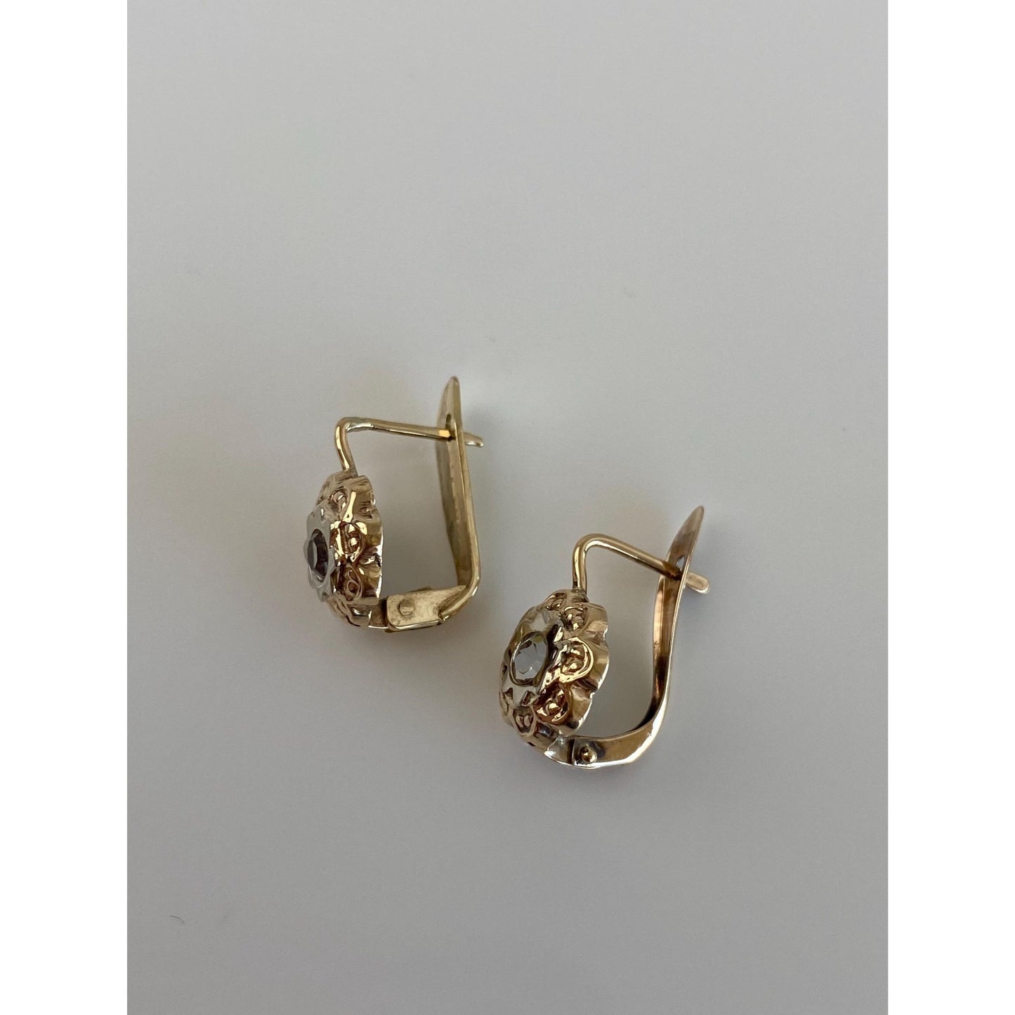 Solid 14k White & Yellow Gold Clear Cubic Zirconia Flower Drop Earrings