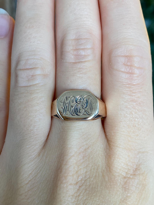 Vintage Solid 10k Rosey Gold Monogram Signet Ring - Size 11