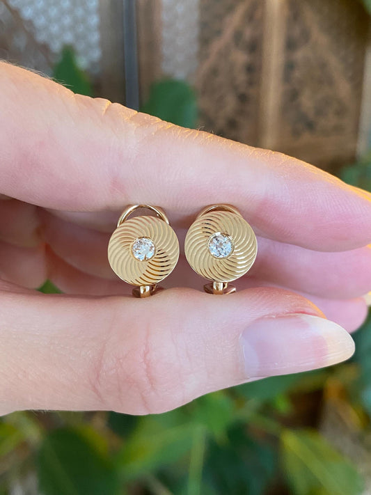 Vintage Solid 14k Yellow Gold Engine Turned Diamond Stud Earrings