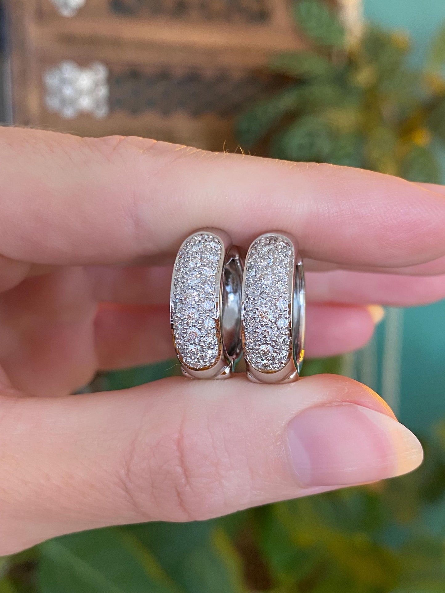 Vintage Solid 18k White Gold Diamond Hoop Earrings