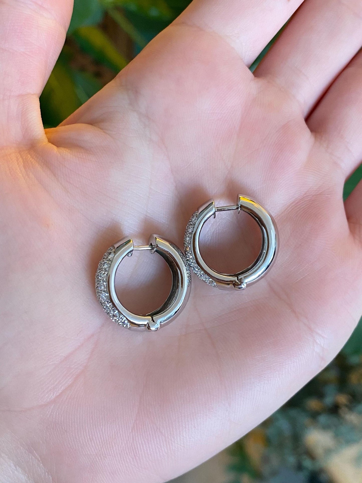 Vintage Solid 18k White Gold Diamond Hoop Earrings