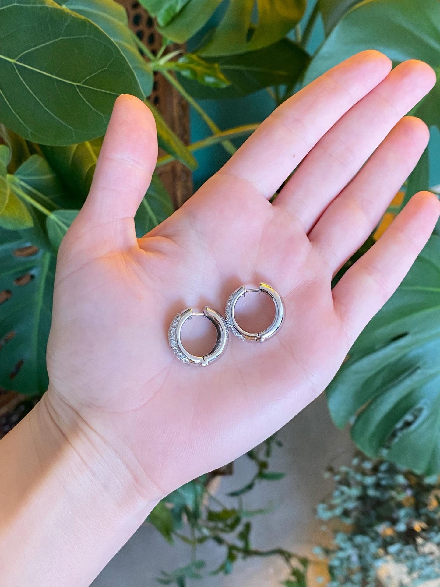 Vintage Solid 18k White Gold Diamond Hoop Earrings