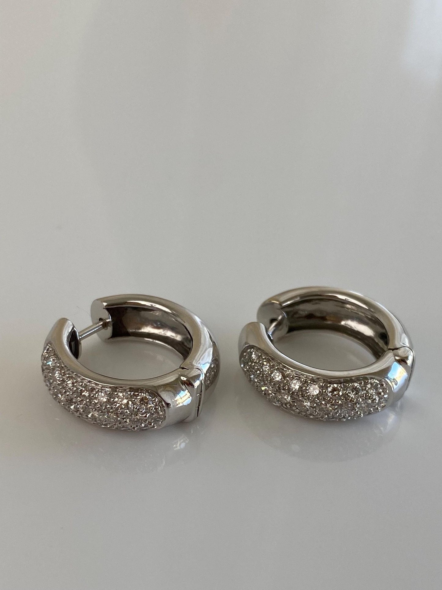 Vintage Solid 18k White Gold Diamond Hoop Earrings