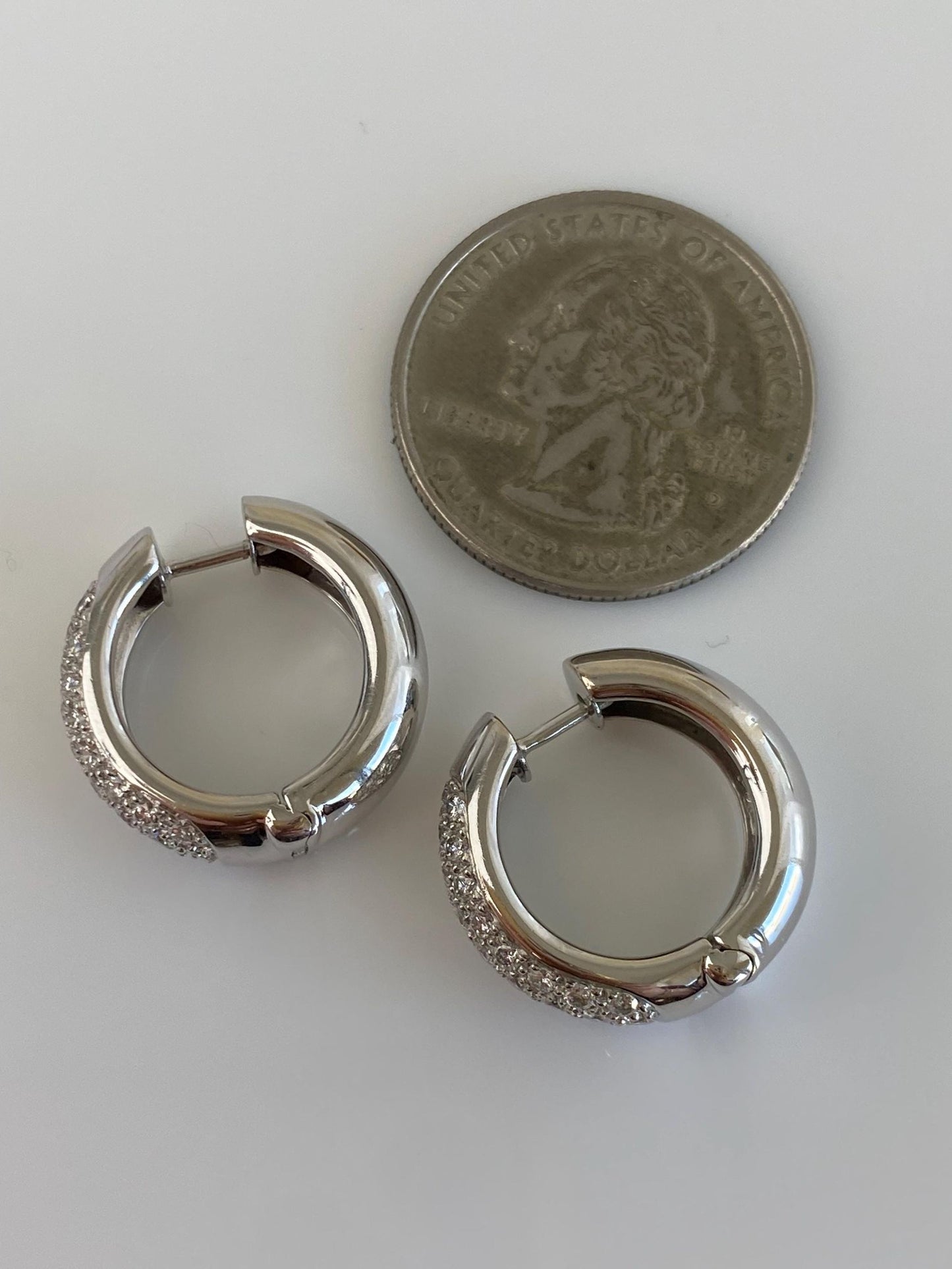 Vintage Solid 18k White Gold Diamond Hoop Earrings