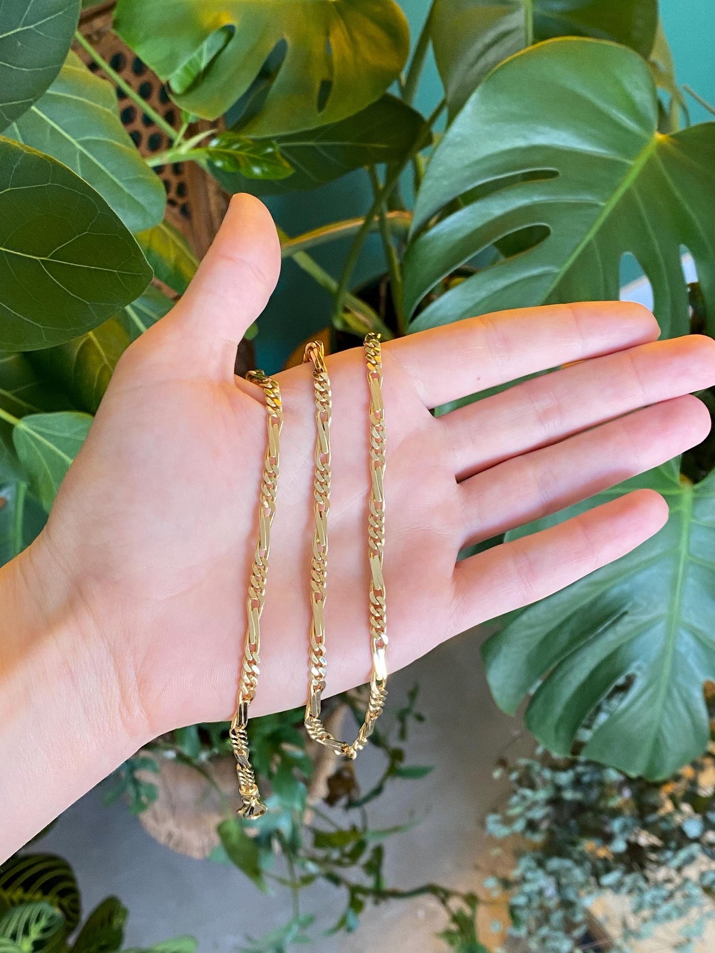 Vintage Solid 14k Yellow Gold Long Fancy Figaro Chain Necklace - 20.5 inches