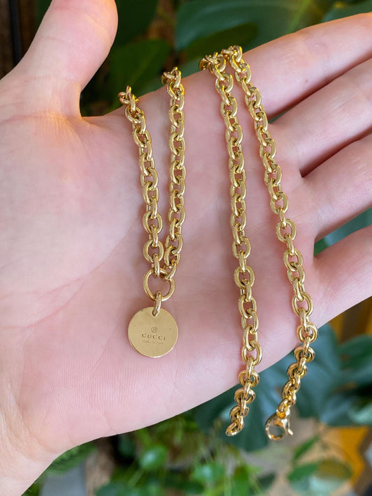 GUCCI 18k Yellow Gold Chunky Cable Chain w/ Disc Charm Necklace - 20.75 inches