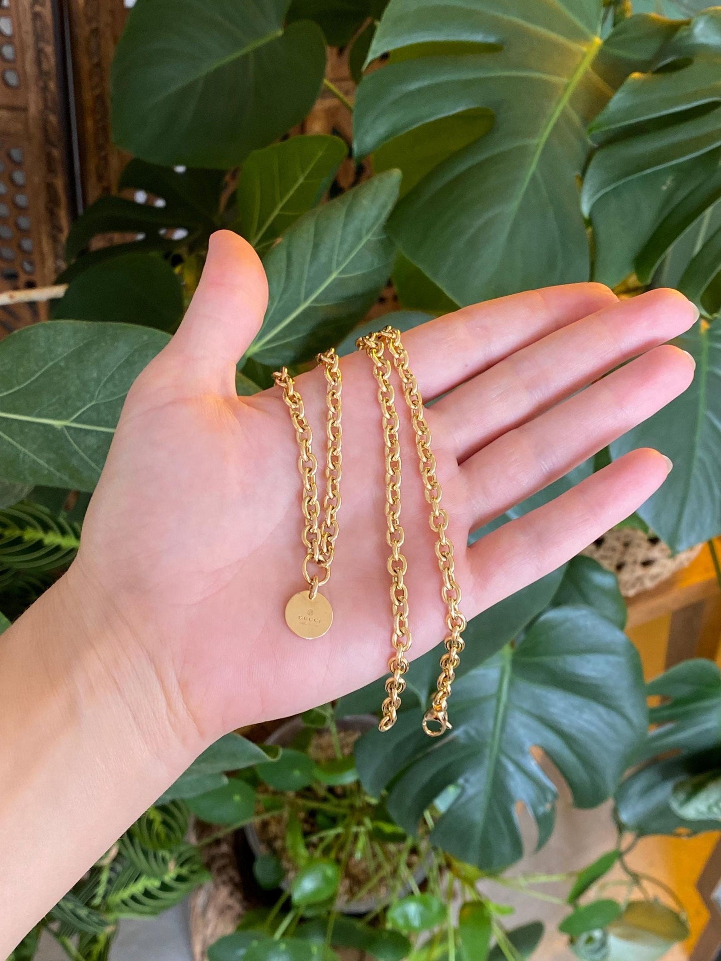 GUCCI 18k Yellow Gold Chunky Cable Chain w/ Disc Charm Necklace - 20.75 inches
