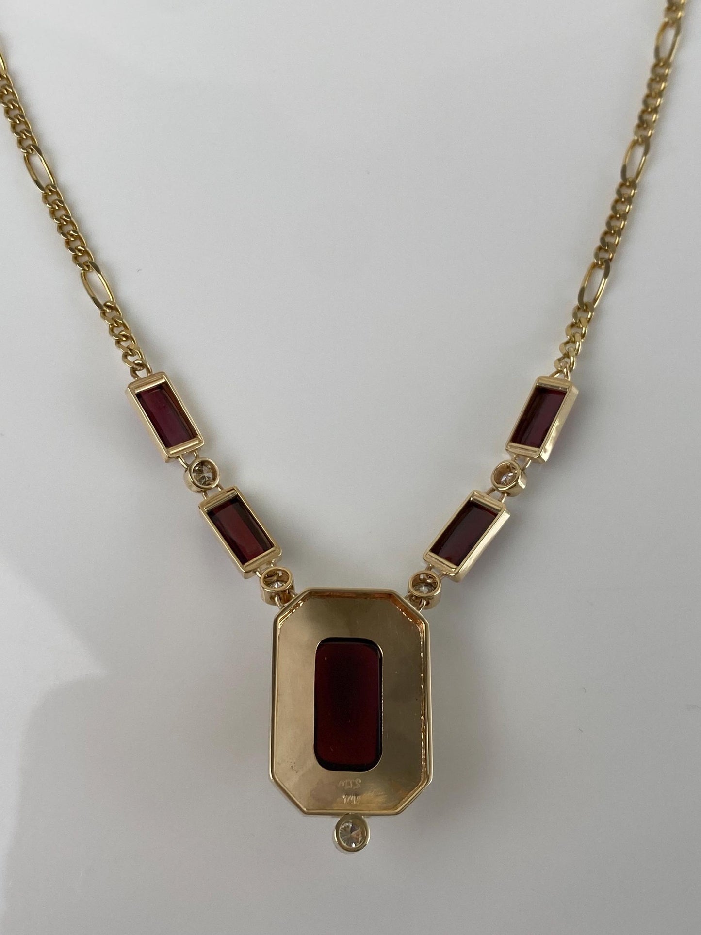 Vintage Solid 14k Yellow Gold Garnet Diamond Figaro Chain Necklace - 19 inches