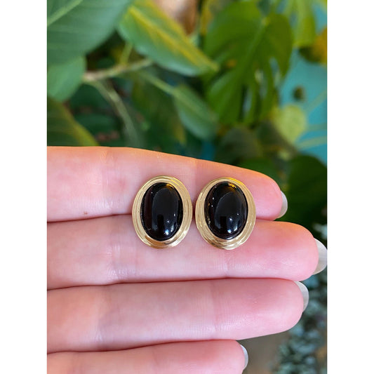 Vintage Solid 14k Yellow Gold Black Resin Stud Earrings