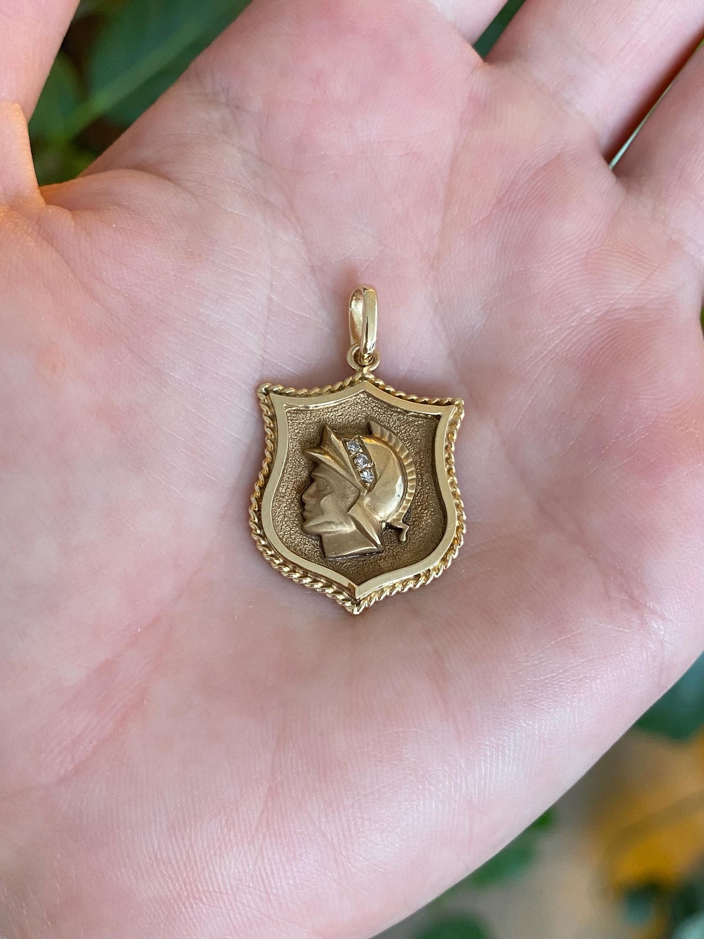 Vintage Solid 14k Yellow Gold Diamonds Warrior Shield Charm