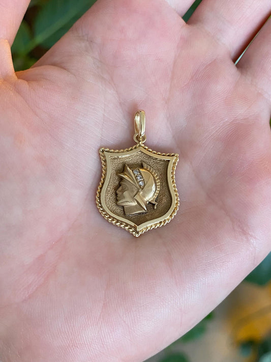 Vintage Solid 14k Yellow Gold Diamonds Warrior Shield Charm