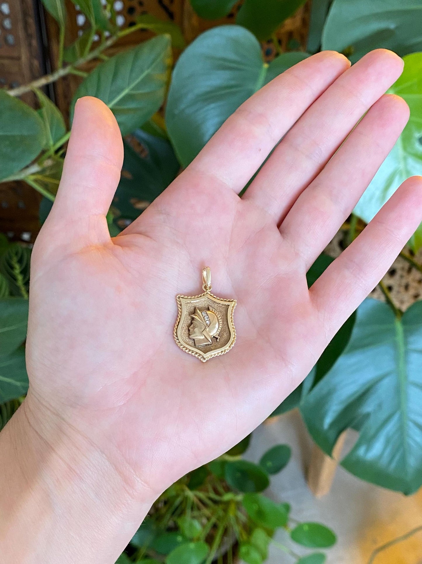 Vintage Solid 14k Yellow Gold Diamonds Warrior Shield Charm