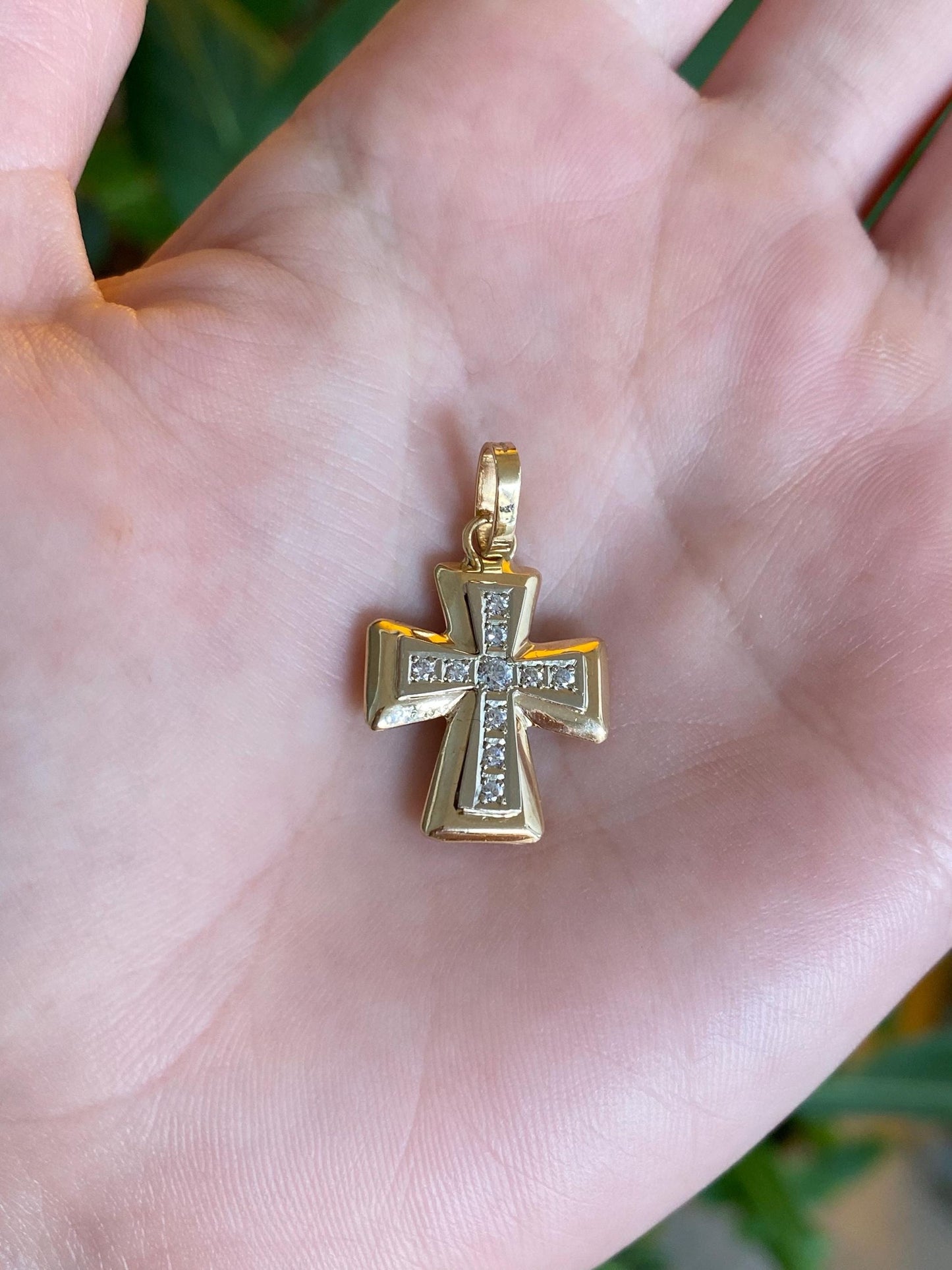 Vintage Solid 14k White & Yellow Gold Clear Cubic Zirconia Cross Charm