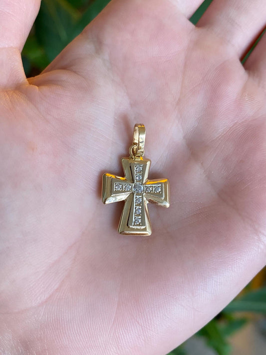 Vintage Solid 14k White & Yellow Gold Clear Cubic Zirconia Cross Charm