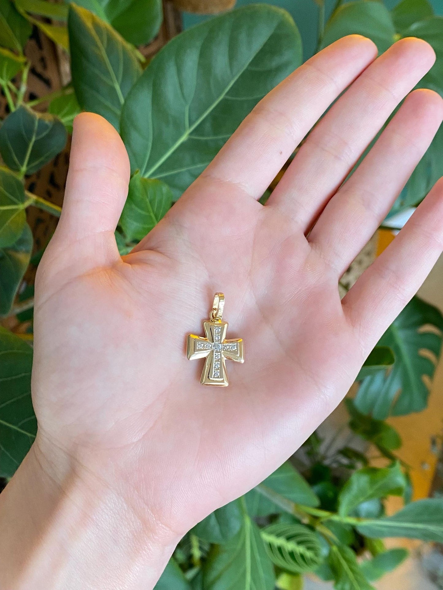Vintage Solid 14k White & Yellow Gold Clear Cubic Zirconia Cross Charm