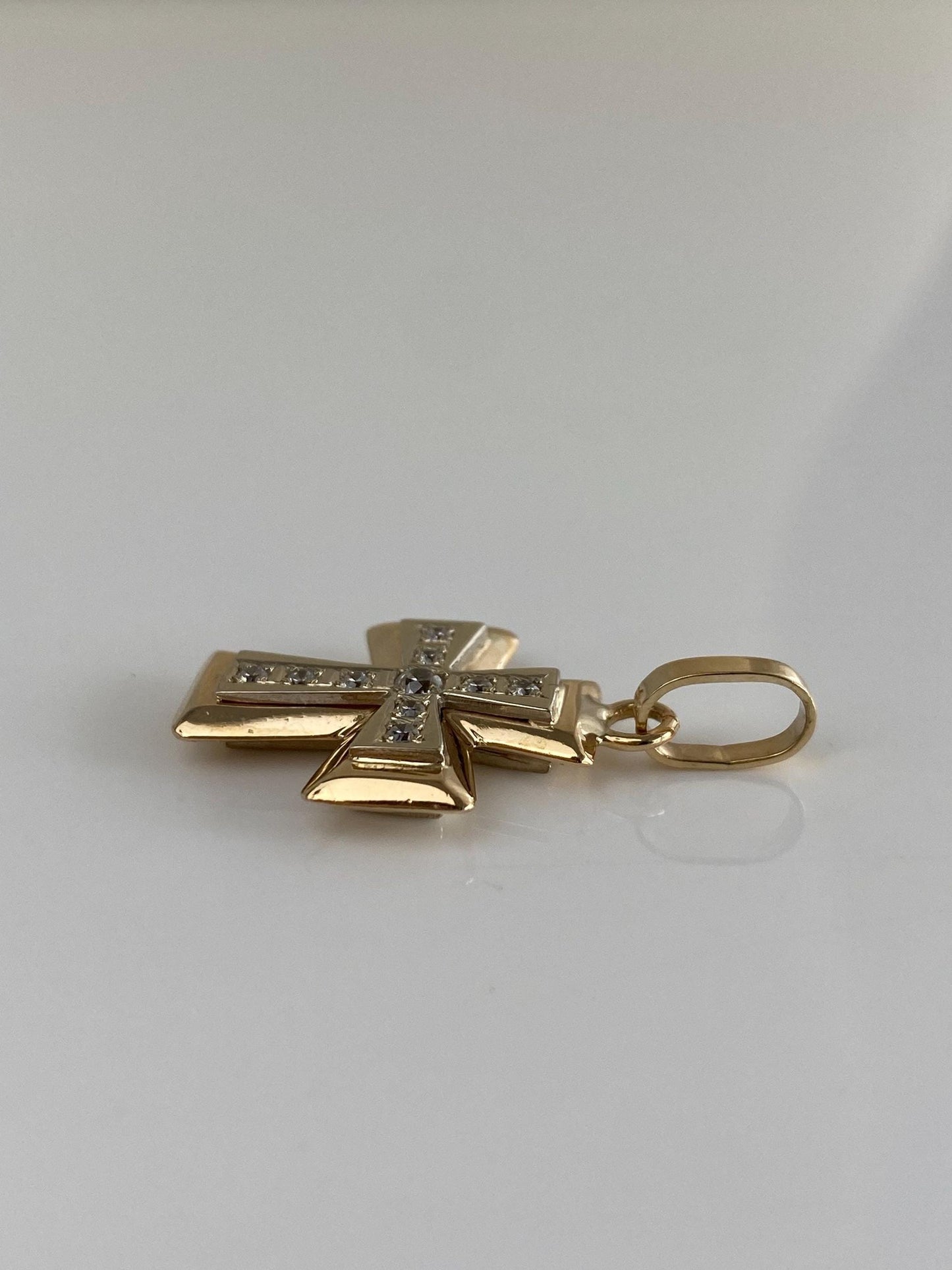 Vintage Solid 14k White & Yellow Gold Clear Cubic Zirconia Cross Charm