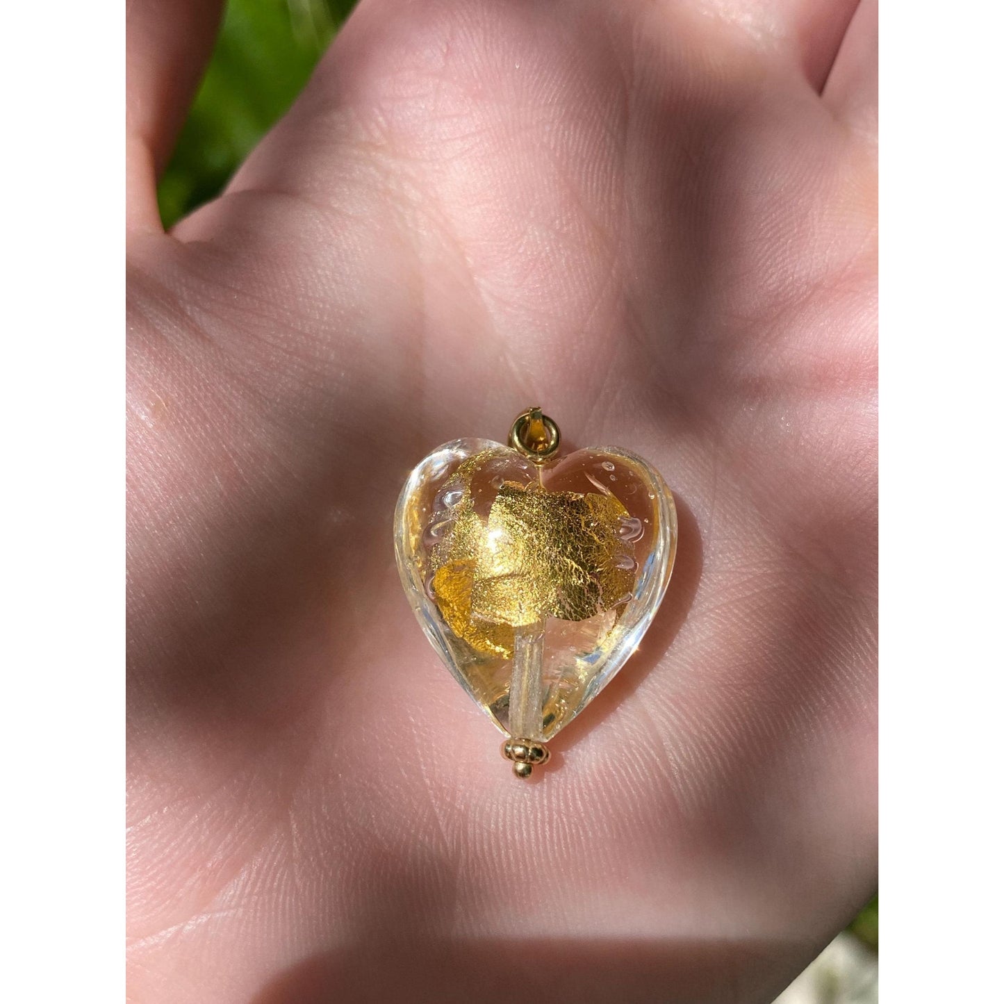Solid 14k Yellow Gold Gold Leaf Glass Heart Charm