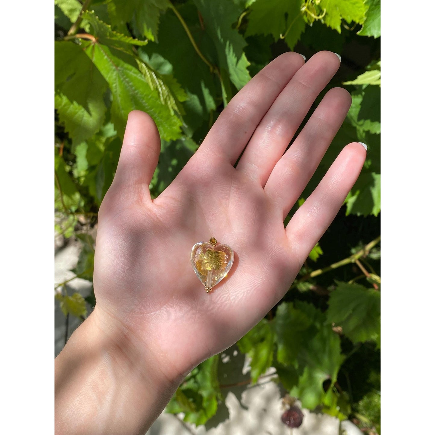 Solid 14k Yellow Gold Gold Leaf Glass Heart Charm