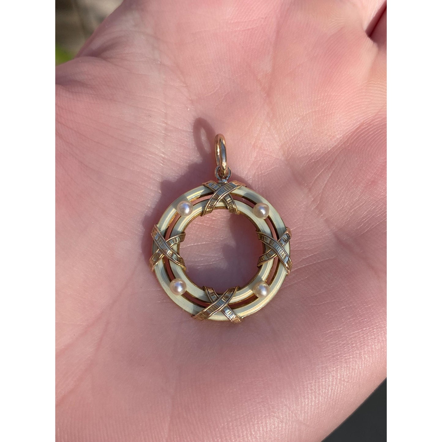 Vintage Solid 14k Yellow Gold Seed Pearl White Enamel Circle Charm