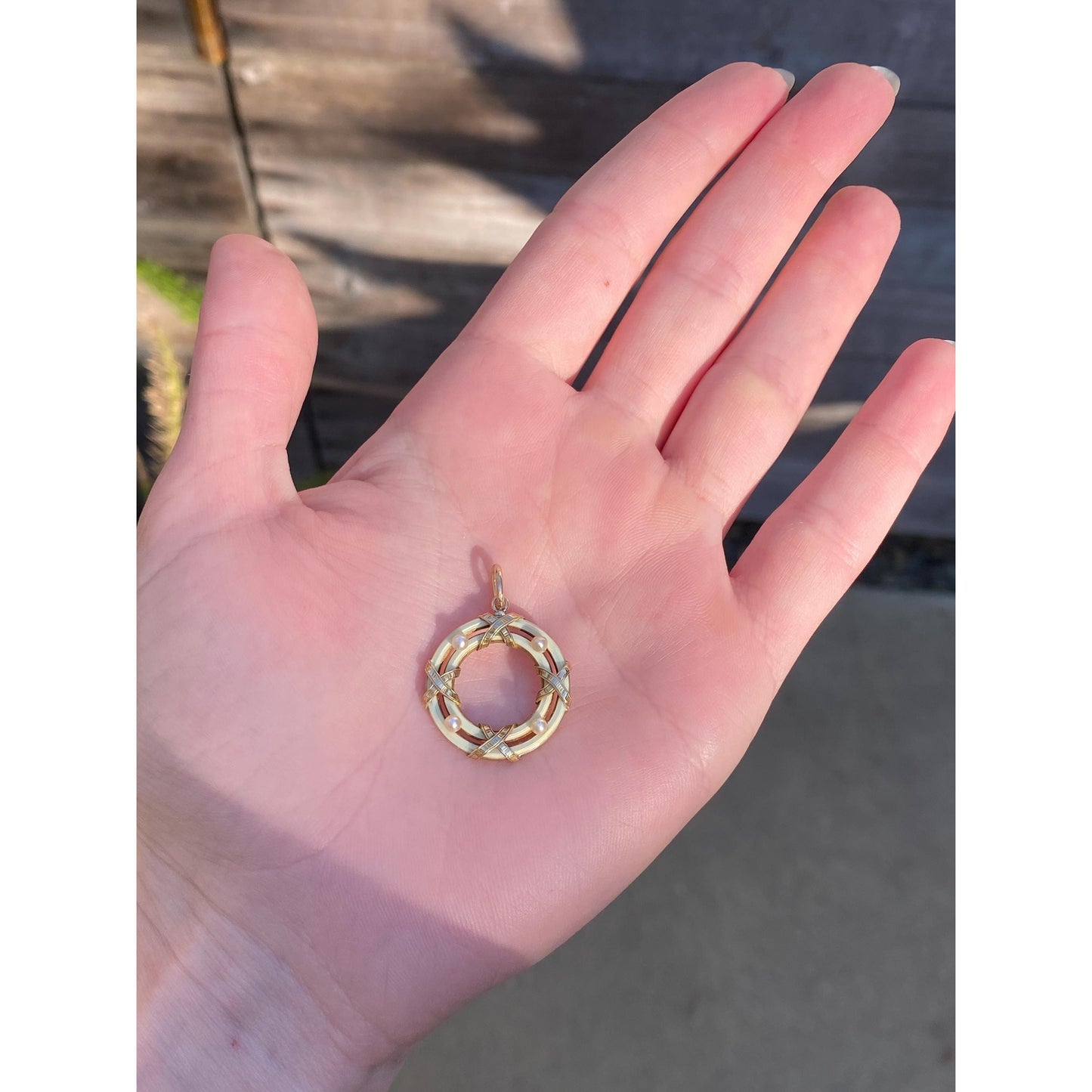 Vintage Solid 14k Yellow Gold Seed Pearl White Enamel Circle Charm