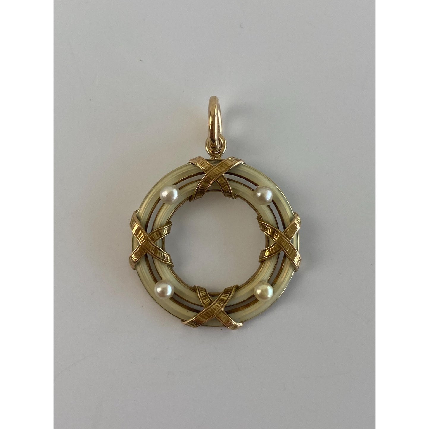 Vintage Solid 14k Yellow Gold Seed Pearl White Enamel Circle Charm