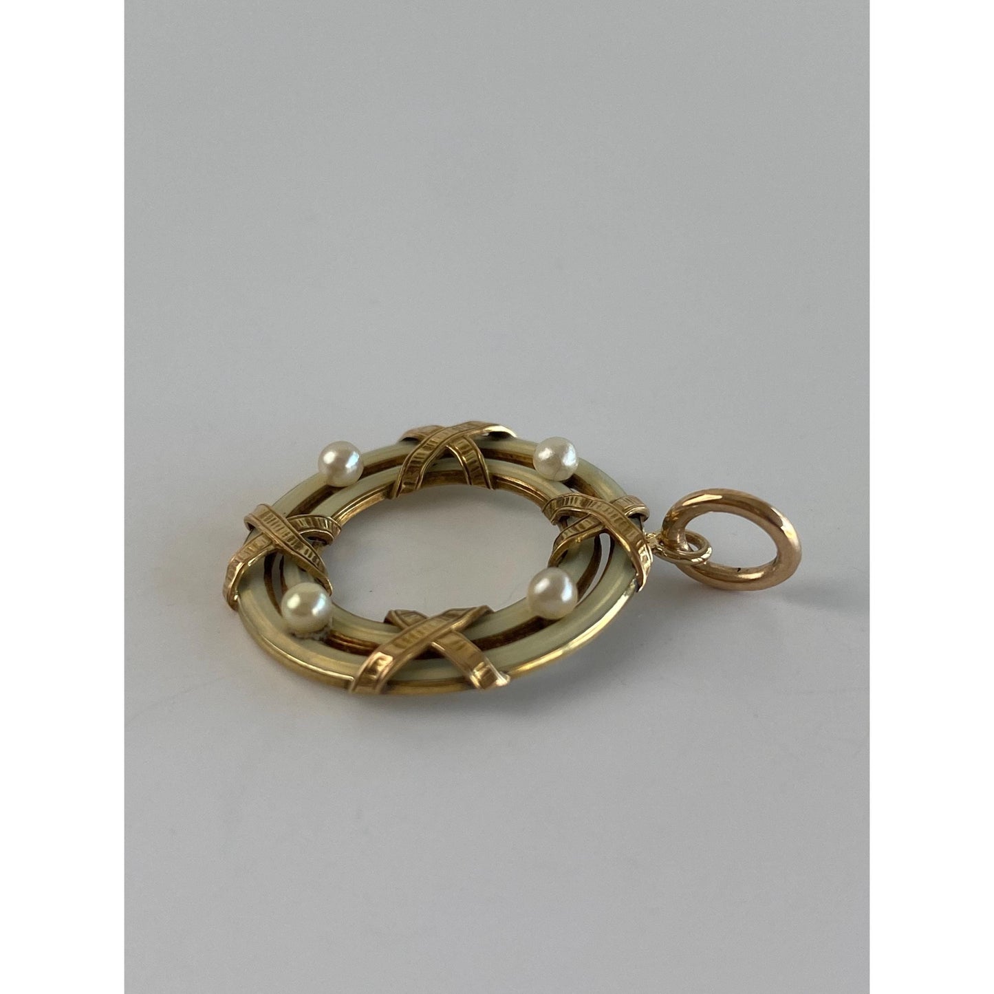 Vintage Solid 14k Yellow Gold Seed Pearl White Enamel Circle Charm