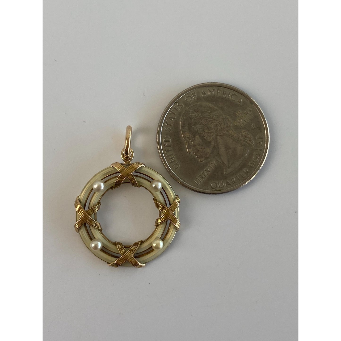 Vintage Solid 14k Yellow Gold Seed Pearl White Enamel Circle Charm