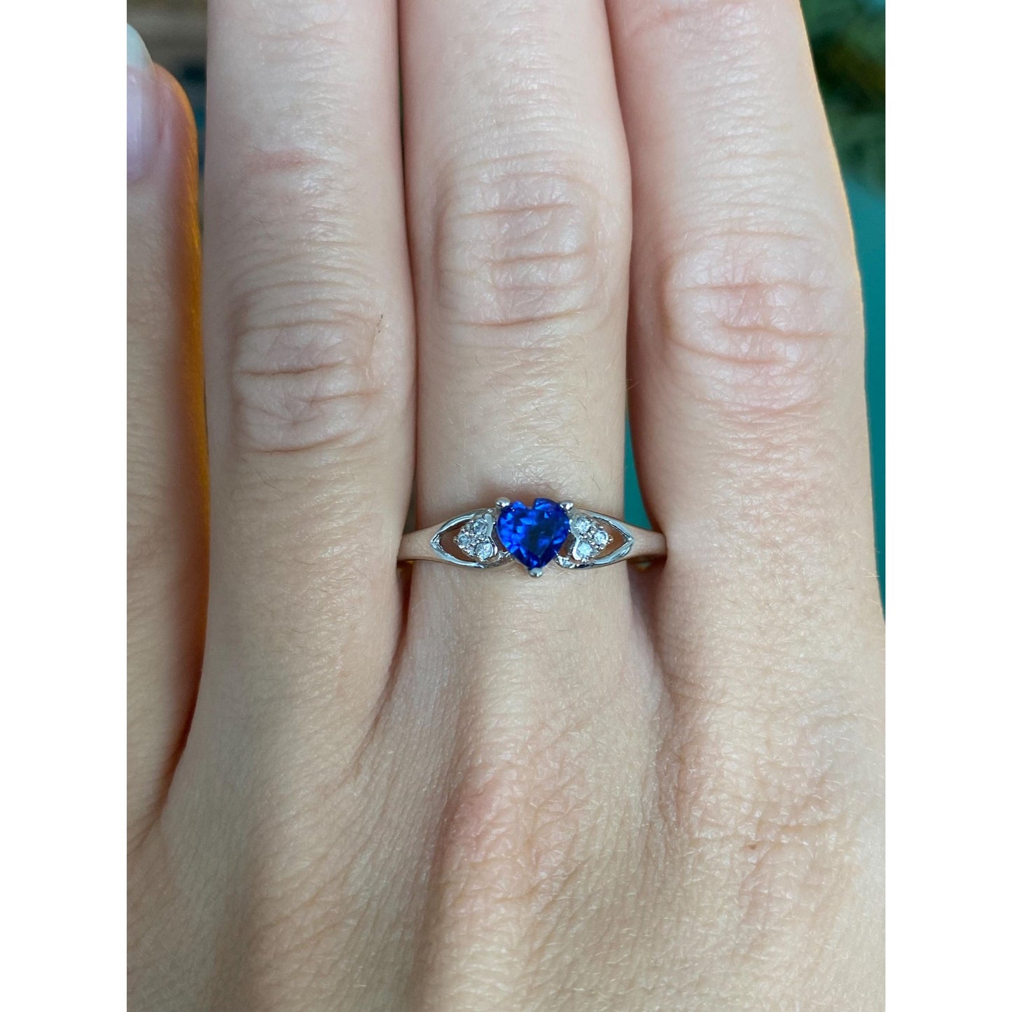 Vintage Solid 10k White Gold Blue Sapphire Heart Clear Cubic Zirconia Ring - Size 10.75