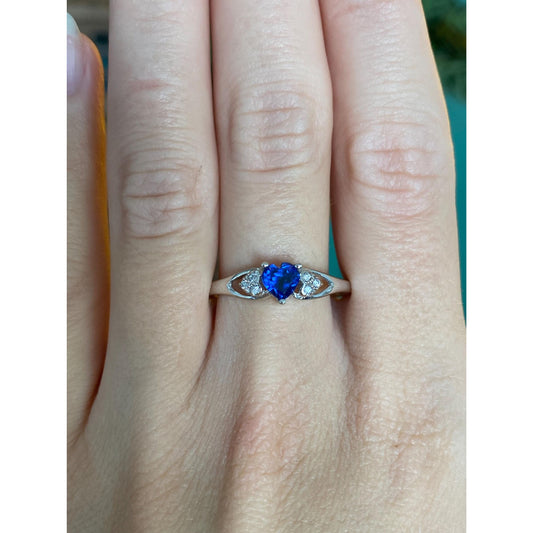 Vintage Solid 10k White Gold Blue Sapphire Heart Clear Cubic Zirconia Ring - Size 10.75