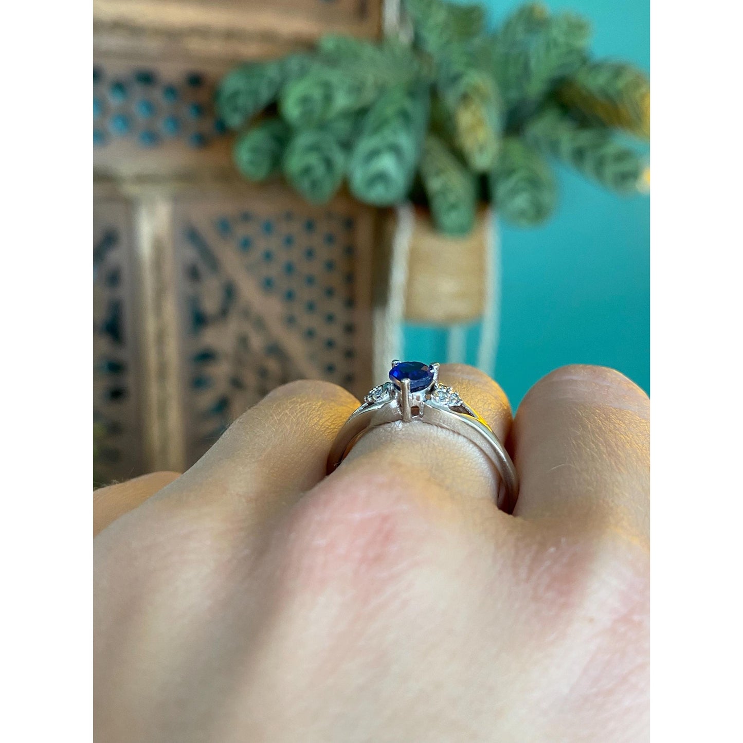 Vintage Solid 10k White Gold Blue Sapphire Heart Clear Cubic Zirconia Ring - Size 10.75