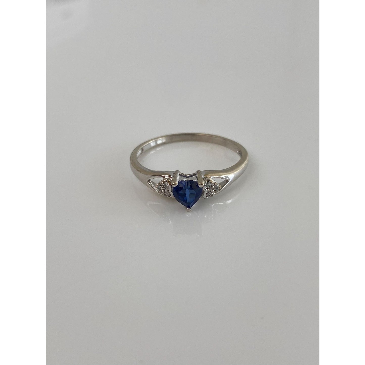 Vintage Solid 10k White Gold Blue Sapphire Heart Clear Cubic Zirconia Ring - Size 10.75
