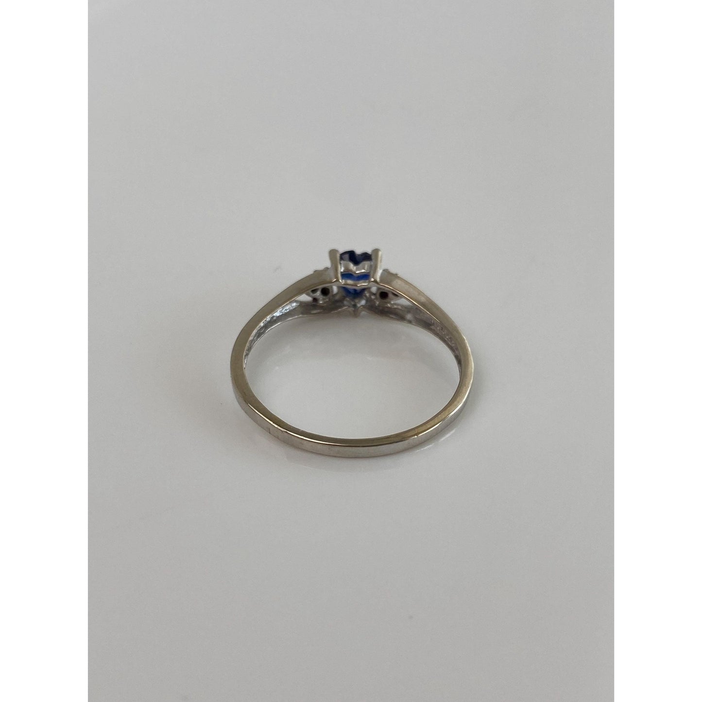 Vintage Solid 10k White Gold Blue Sapphire Heart Clear Cubic Zirconia Ring - Size 10.75