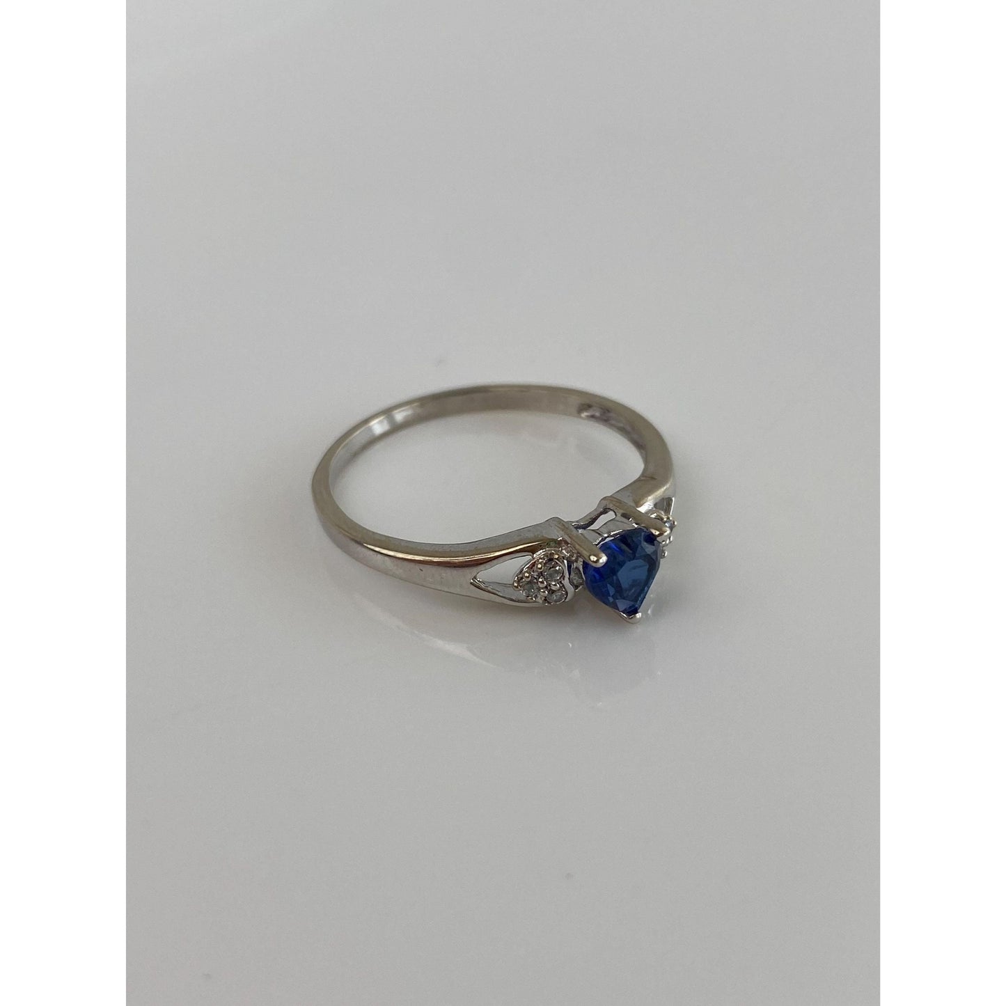 Vintage Solid 10k White Gold Blue Sapphire Heart Clear Cubic Zirconia Ring - Size 10.75