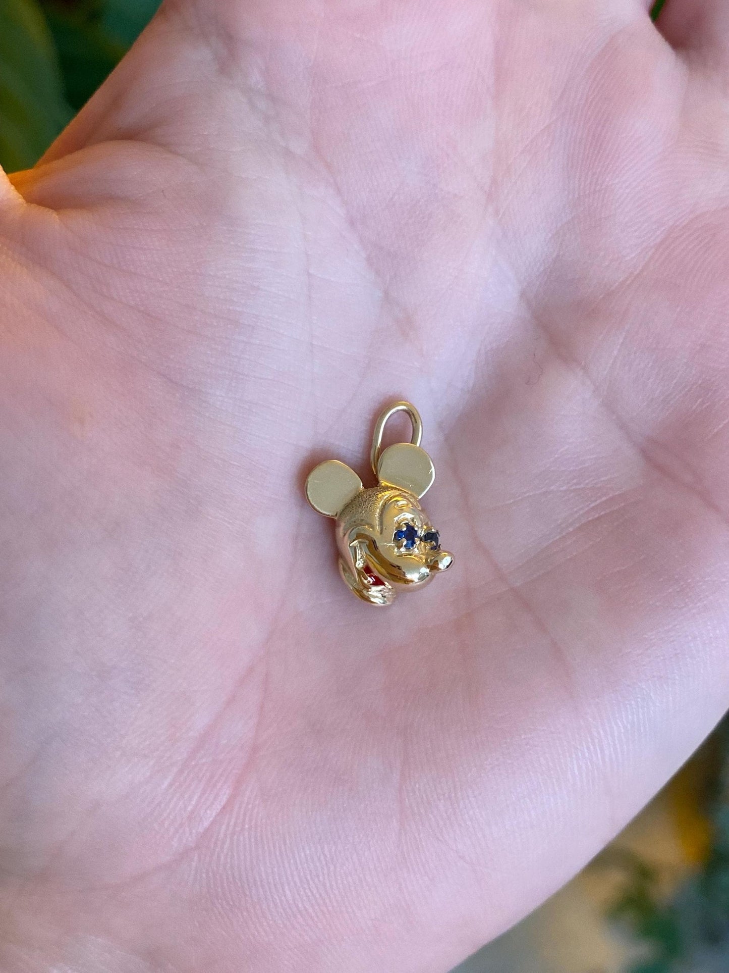 Vintage Solid 14k Yellow Gold Blue Spinel Red Enamel Mickey Mouse Charm