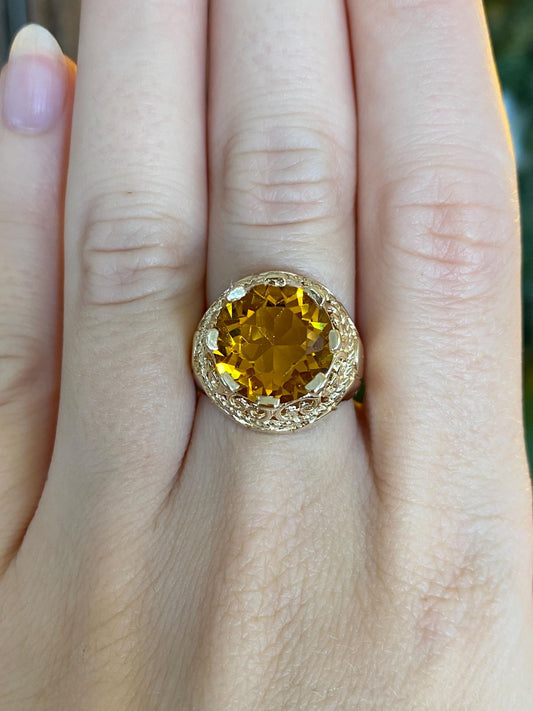 Vintage Solid 14k Yellow Gold Orange Glass Open Work Ring - Size 7