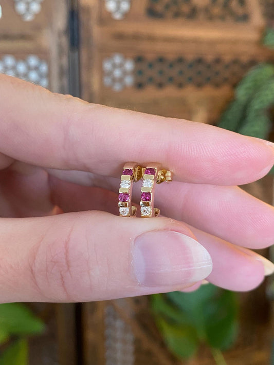 Vintage Solid 14k Yellow Gold Ruby Diamond Drop Earrings