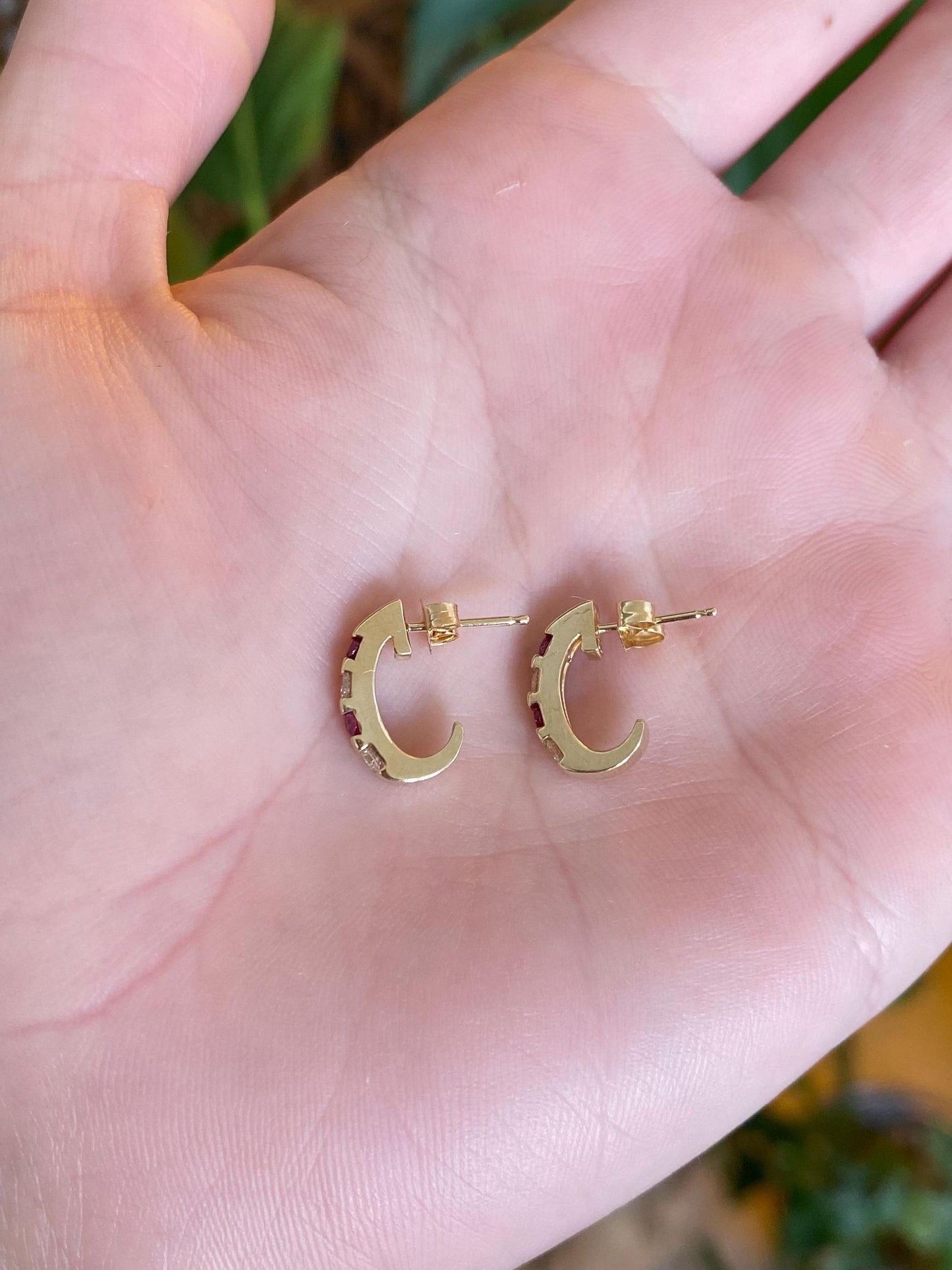 Vintage Solid 14k Yellow Gold Ruby Diamond Drop Earrings