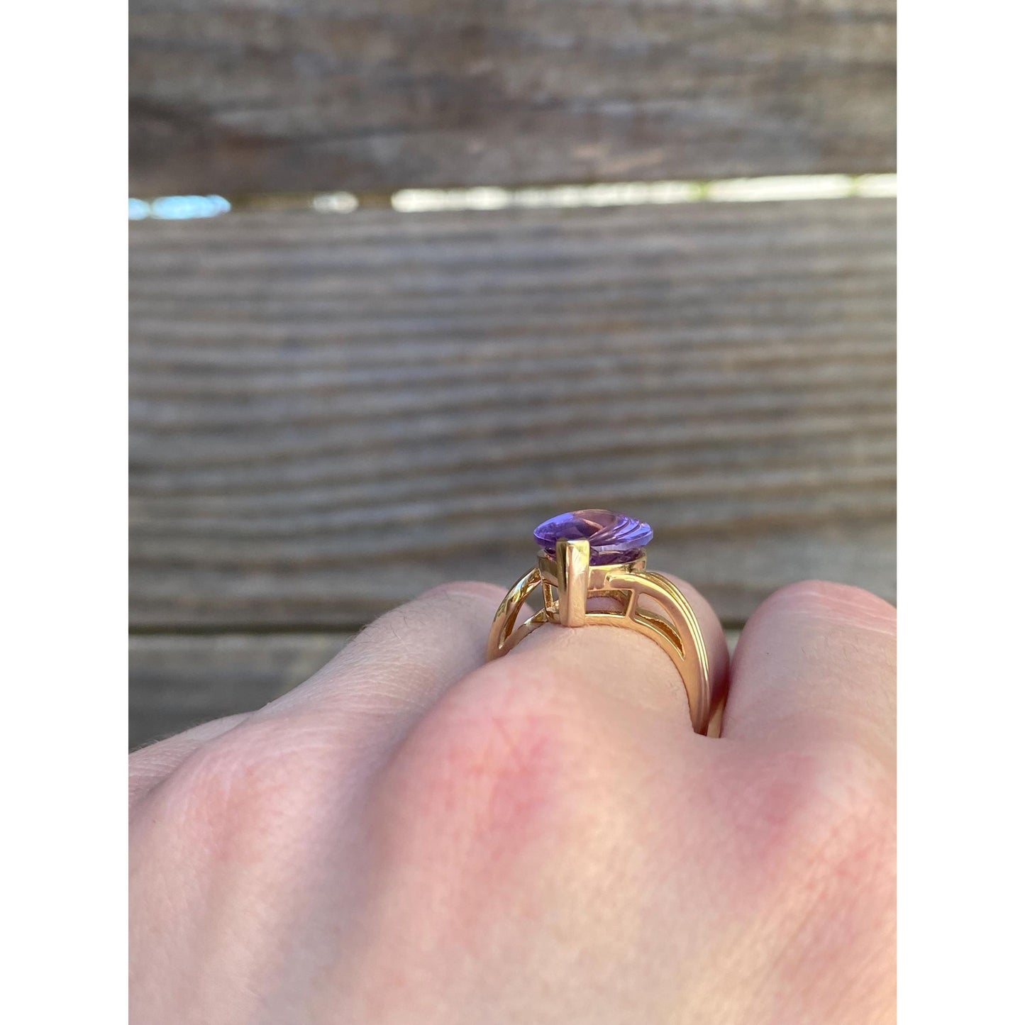 Vintage Solid 14k Yellow Gold Amethyst Twist Ring - Size 5.5