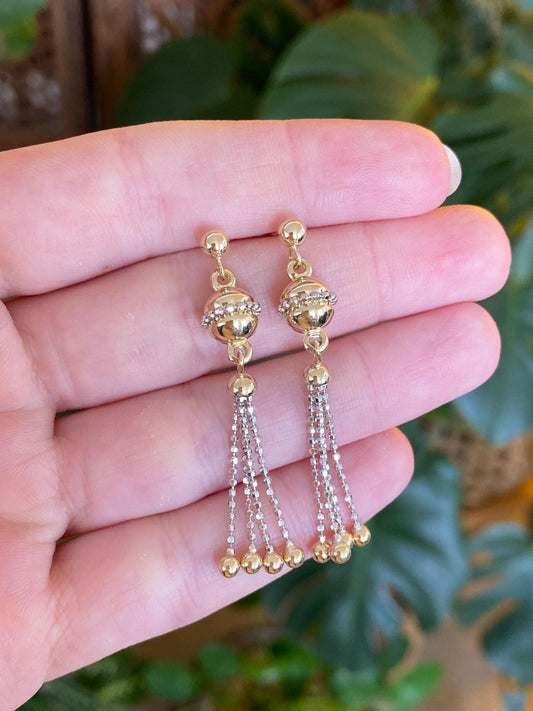 Vintage 14k White & Yellow Gold Ball Bead Chain Fringe Dangle Stud Earrings