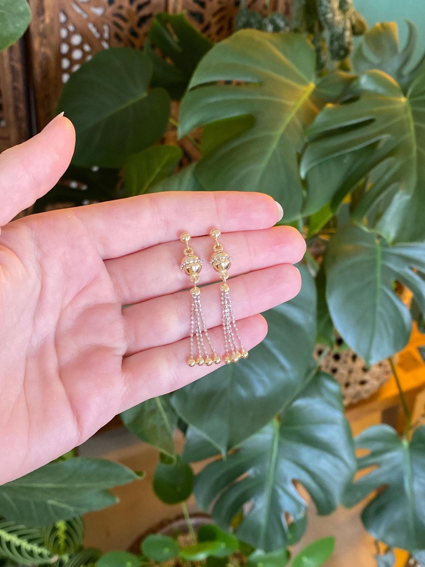 Vintage 14k White & Yellow Gold Ball Bead Chain Fringe Dangle Stud Earrings
