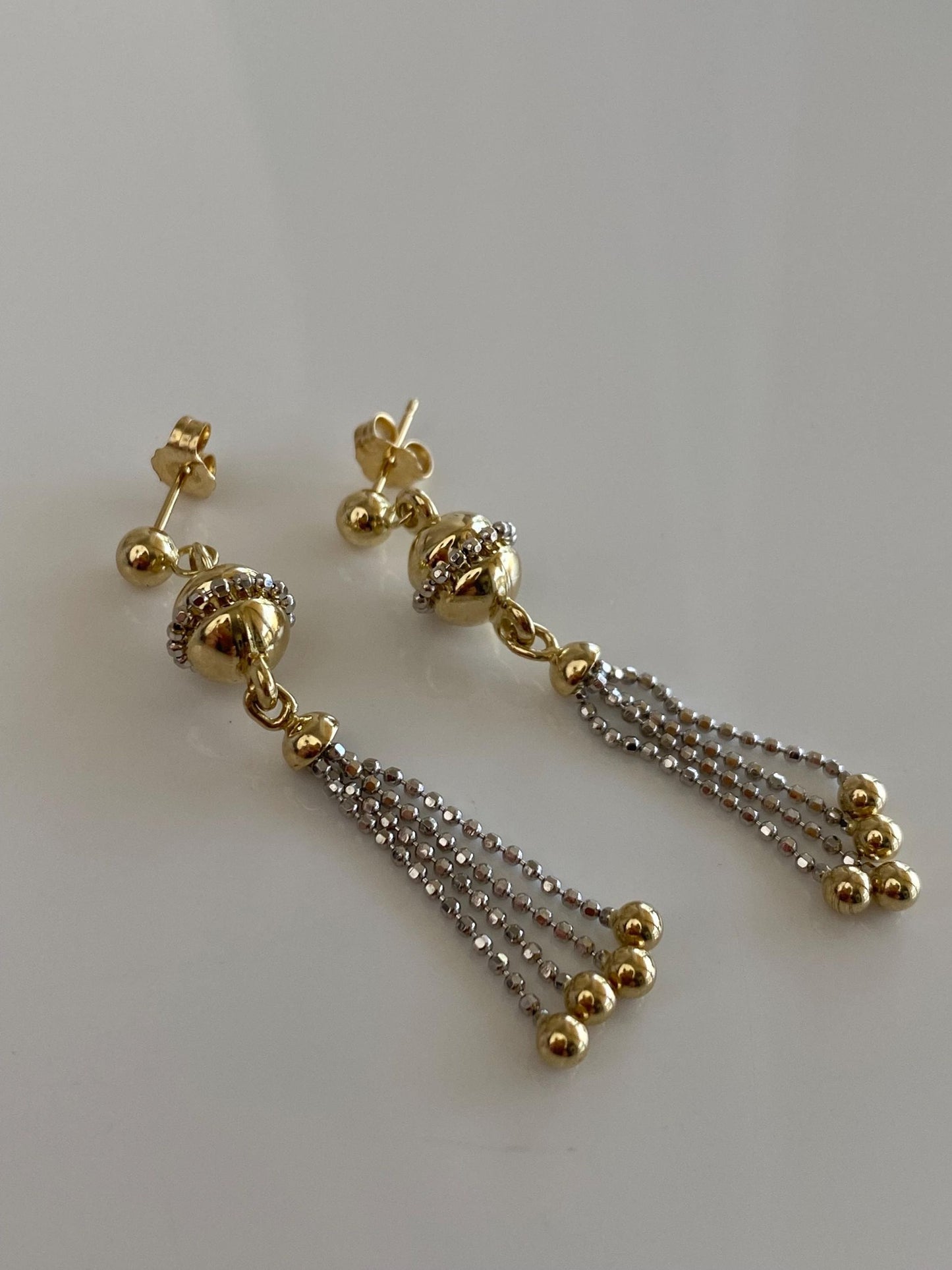 Vintage 14k White & Yellow Gold Ball Bead Chain Fringe Dangle Stud Earrings