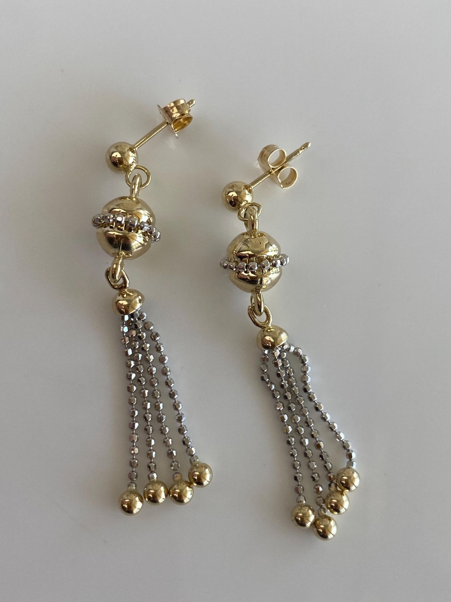 Vintage 14k White & Yellow Gold Ball Bead Chain Fringe Dangle Stud Earrings