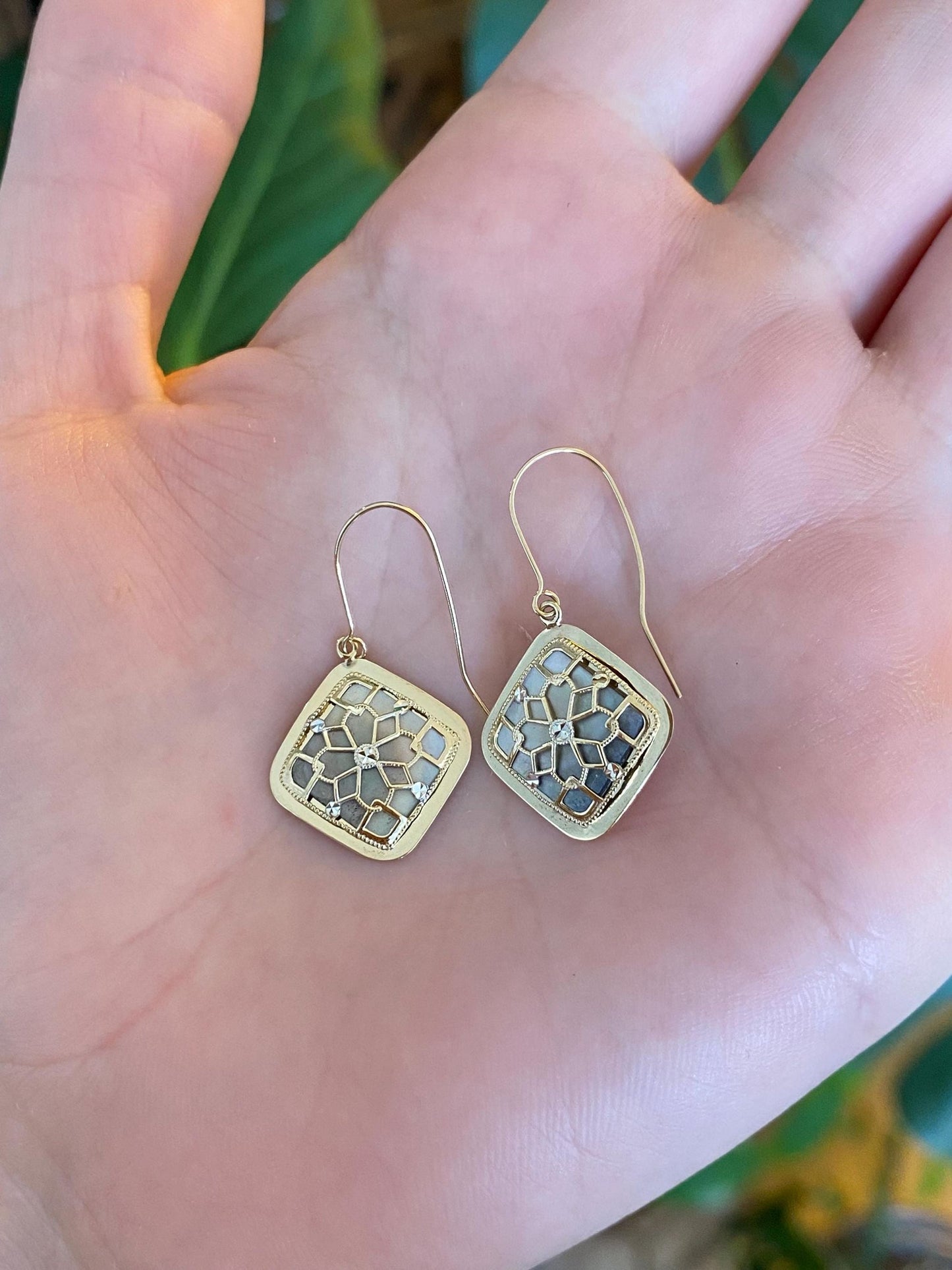Vintage Solid 14k Yellow Gold Open Work Mother of Pearl Dangle Earrings