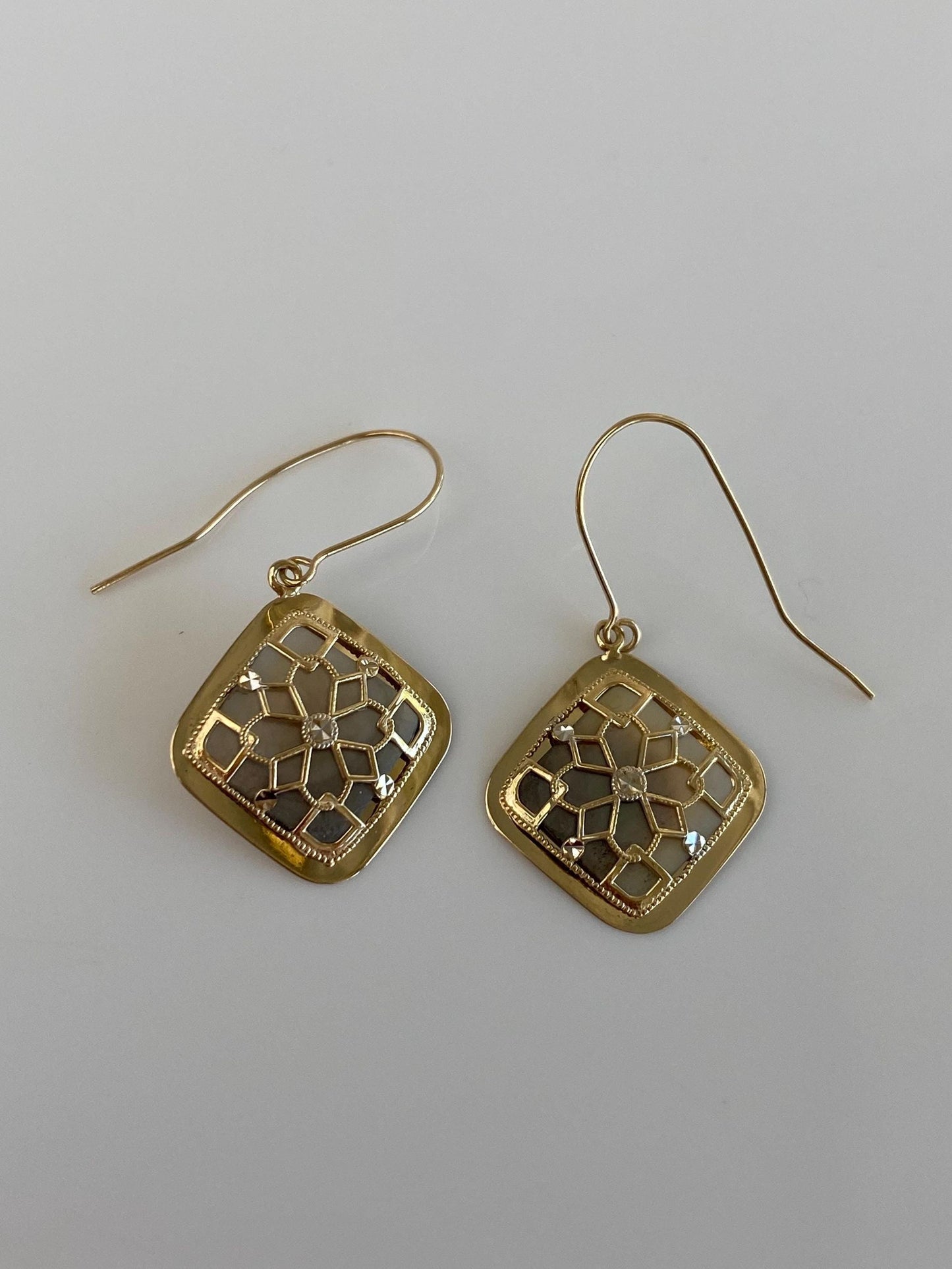 Vintage Solid 14k Yellow Gold Open Work Mother of Pearl Dangle Earrings