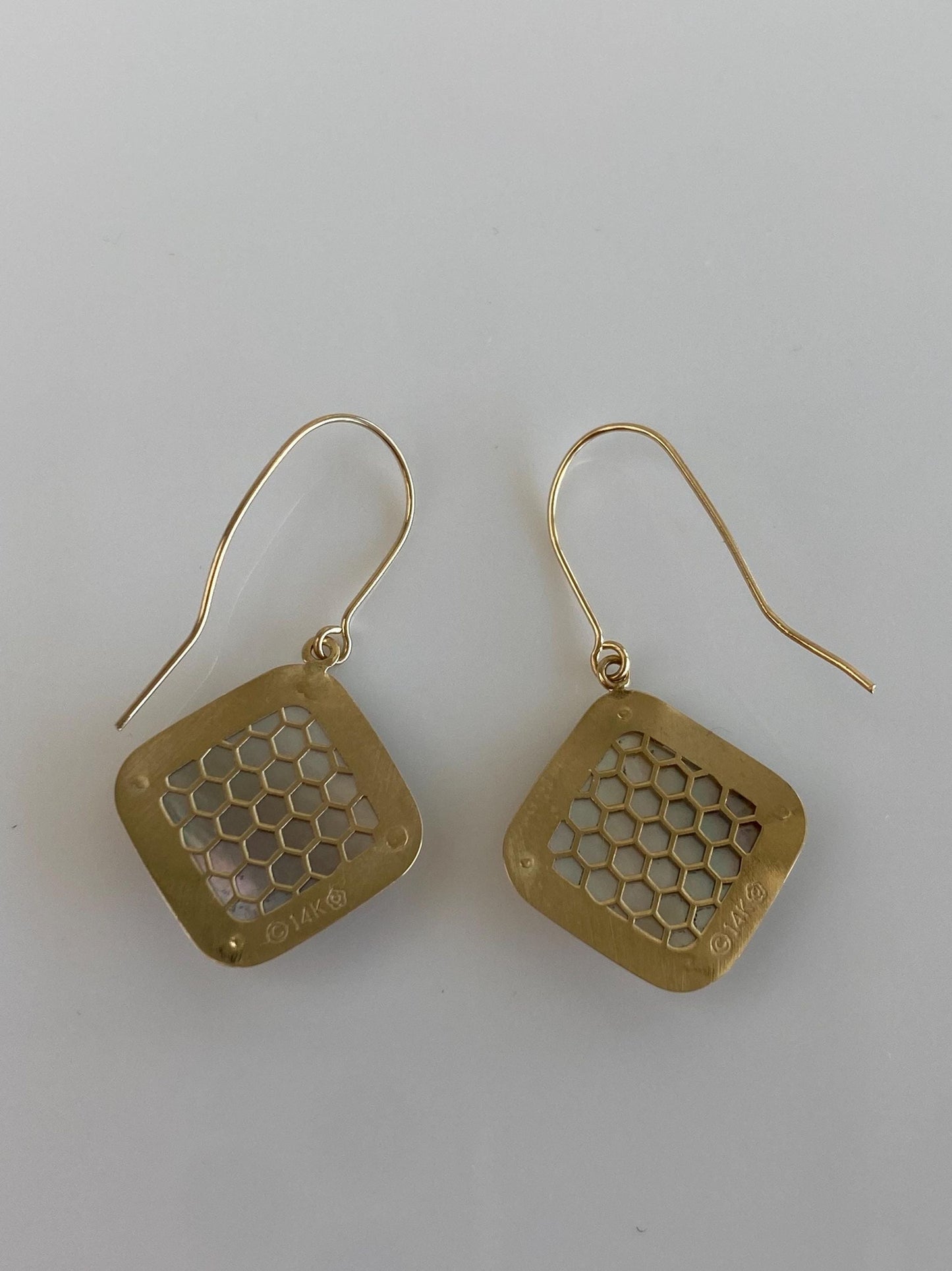Vintage Solid 14k Yellow Gold Open Work Mother of Pearl Dangle Earrings