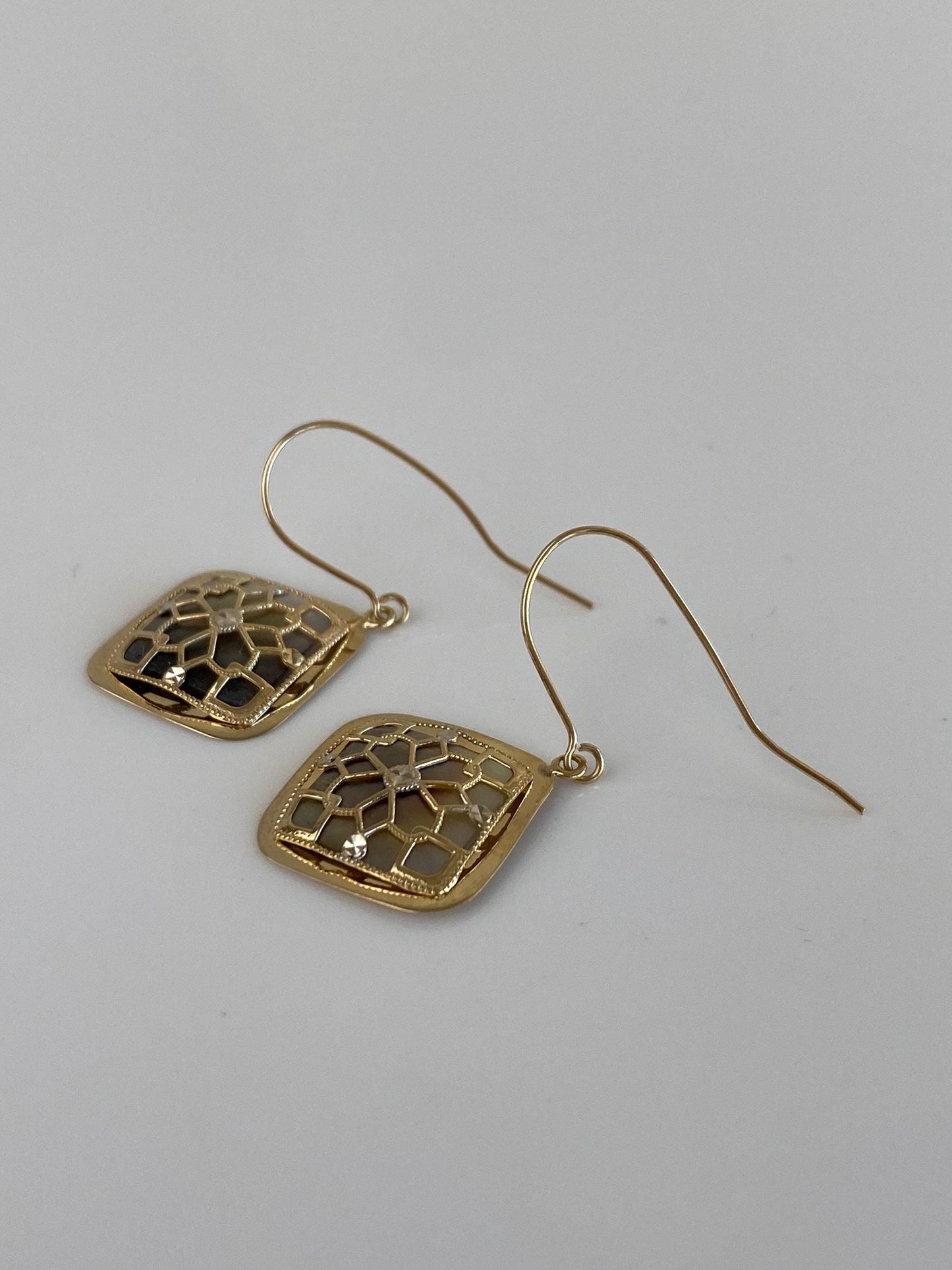 Vintage Solid 14k Yellow Gold Open Work Mother of Pearl Dangle Earrings