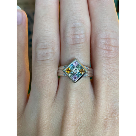 Vintage Solid 14k White Gold Diamond Colored Sapphire Ring - Size 7