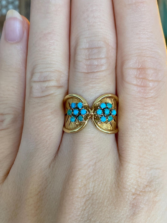 Vintage Solid 18k Yellow Gold Turquoise Clusters Open Work Ring Band - Size 7.5