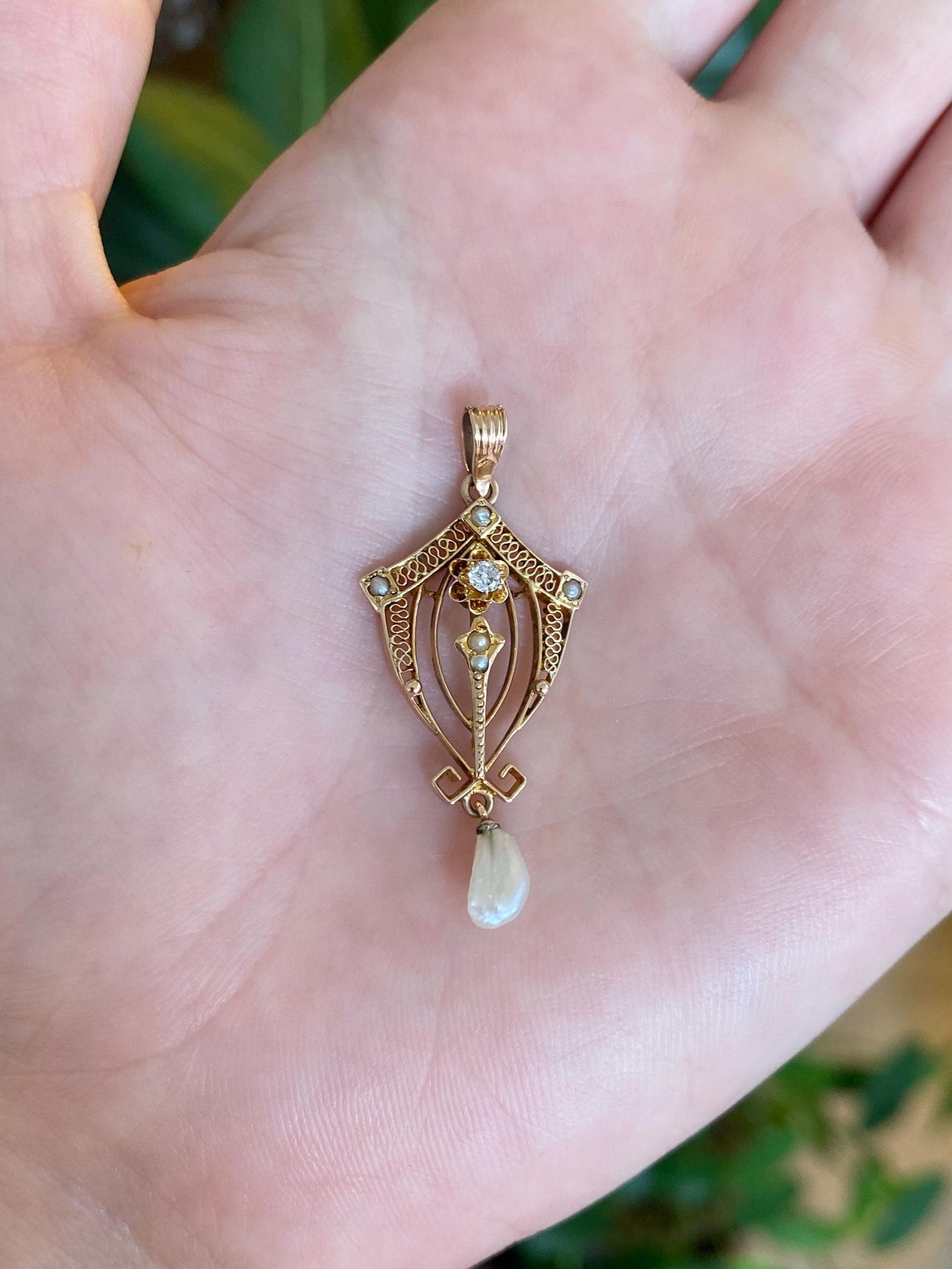 Vintage Solid 10k Yellow Gold Diamond & Pearl Drop Charm